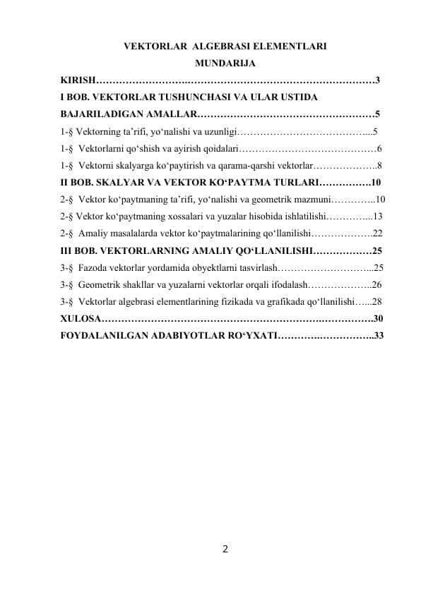 Vektorlar algebrasi elementlari kurs ishi