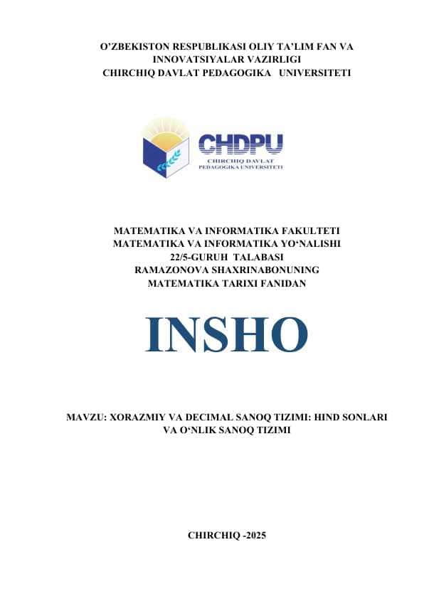 XORAZMIY VA DECIMAL SANOQ TIZIMI HIND SONLARI VA O‘NLIK SANOQ TIZIMI.doc