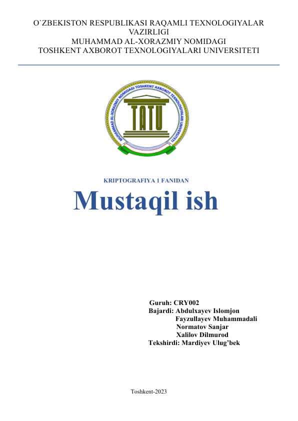 kRIPTOGRAFIYA.Sonlarning tublikka tekshiruvchi aniqlashtirilgan algoritmlarning kompleks dasturiy ta'minotini ishlab chiqish