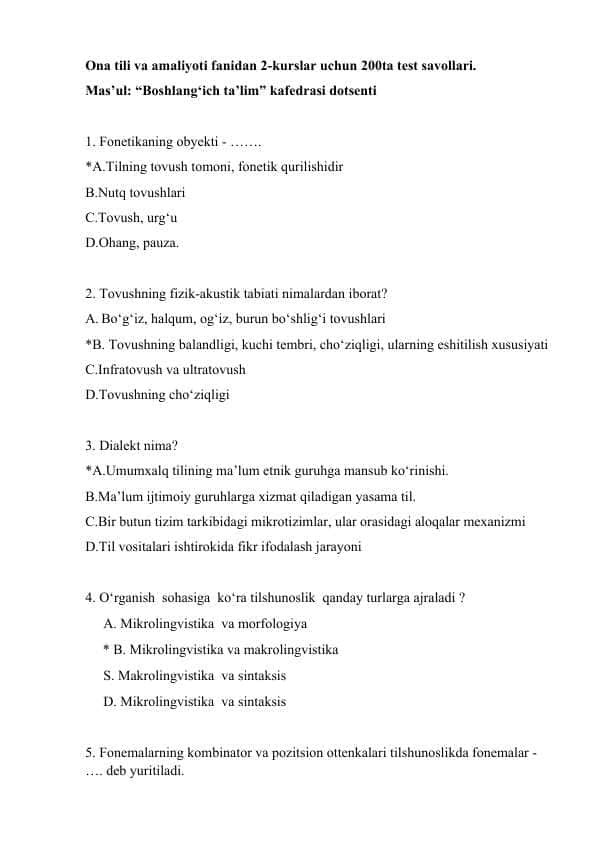 Ona tili va amaliyoti fanidan 2-kurslar uchun 200ta test savollari.