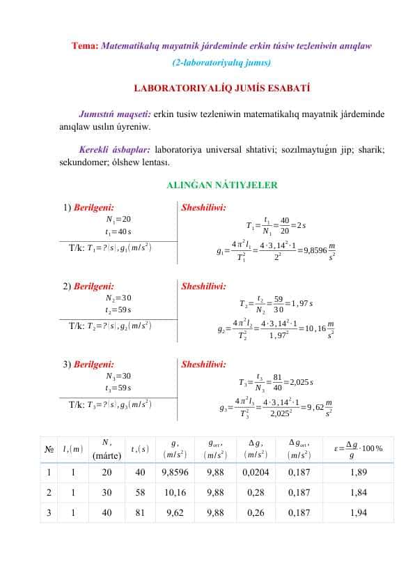 Matematikalıq mayatnik járdeminde erkin túsiw tezleniwin anıqlaw