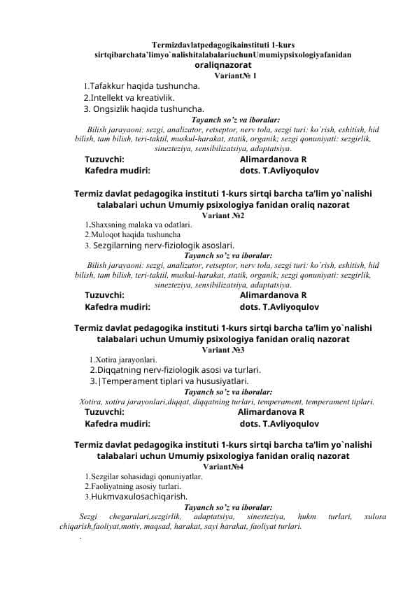 Umumiy psixologiyafanidan oraliqnazorat testi