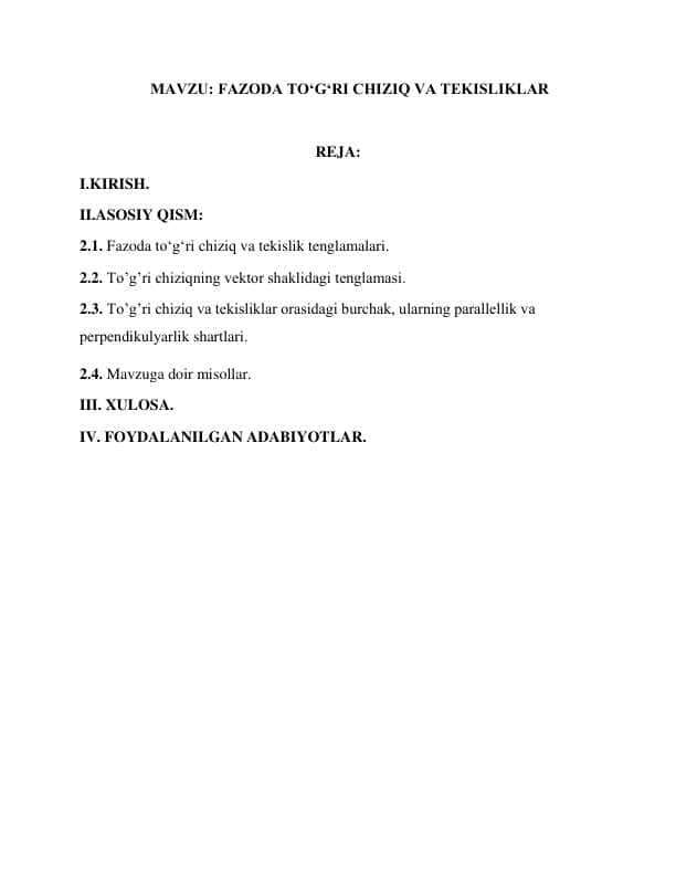 FAZODA TO‘G‘RI CHIZIQ VA TEKISLIKLAR kurs ishi.pdf