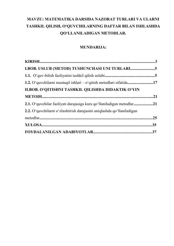 MATEMATIKA DARSIDA NAZORAT TURLARI VA ULARNI TASHKIL QILISH, O‘QUVCHILARNING DAFTAR BILAN ISHLASHDA QO‘LLANILADIGAN METODLAR..docx