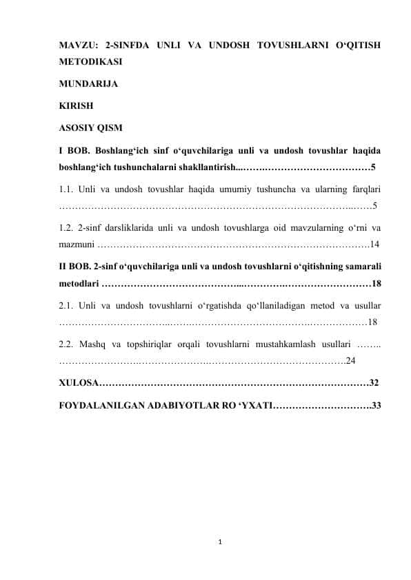2-SINFDA UNLI VA UNDOSH TOVUSHLARNI O‘QITISH METODIKASI
