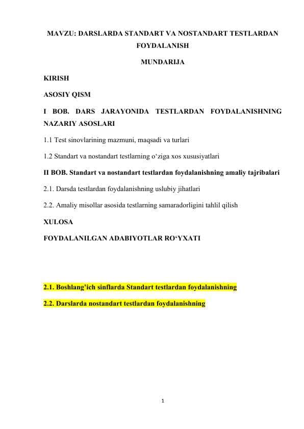 Darslarda standart va nostandart testlardan foydalanish