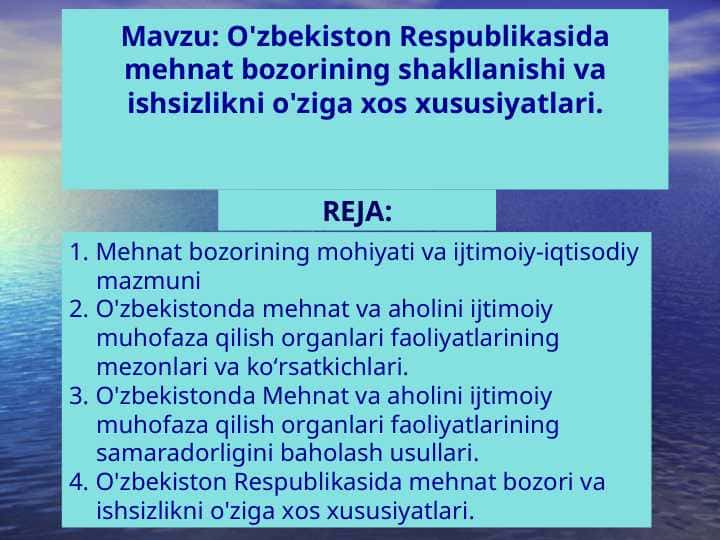O'zbekiston Respublikasida mehnat bozorining shakllanishi va ishsizlikni o'ziga xos xususiyatlari