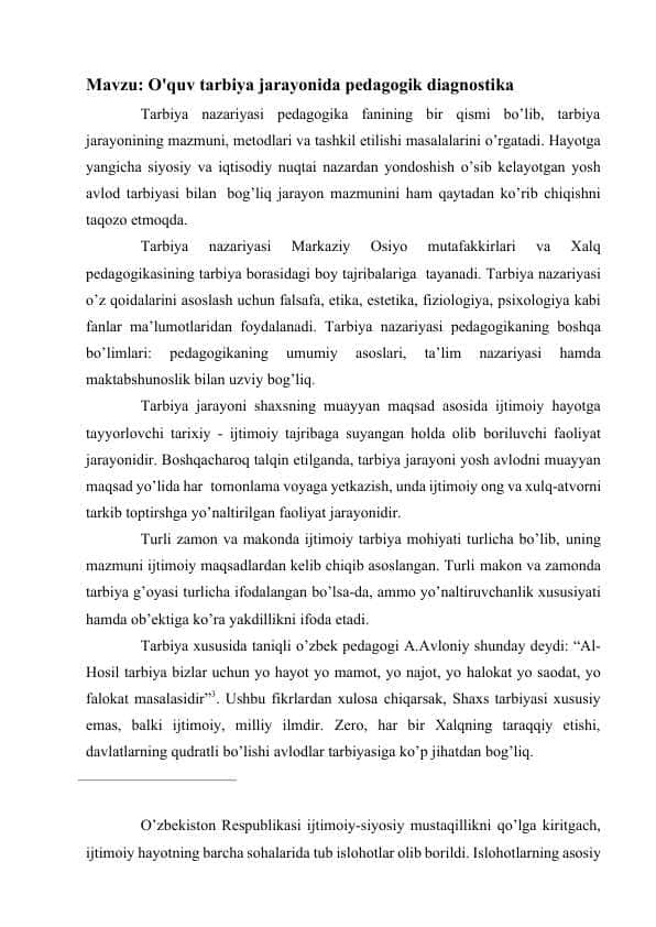 O'quv tarbiya jarayonida pedagogik diagnostika