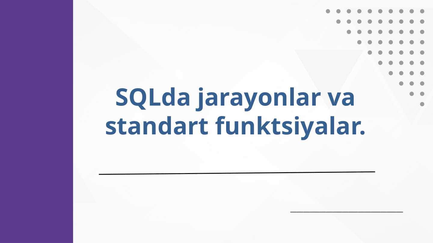 SQLda jarayonlar va standart funktsiyalar.