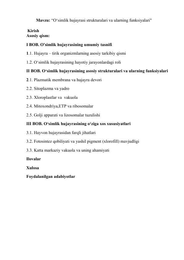 O‘simlik hujayrasi strukturalari va ularning funksiyalari