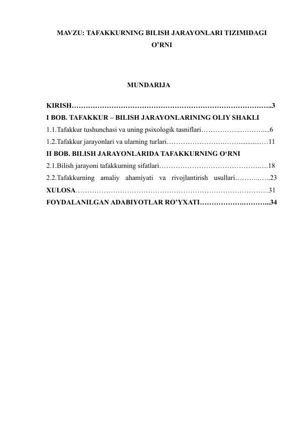 TAFAKKURNING BILISH JARAYONLARI TIZIMIDAGI O’RNI