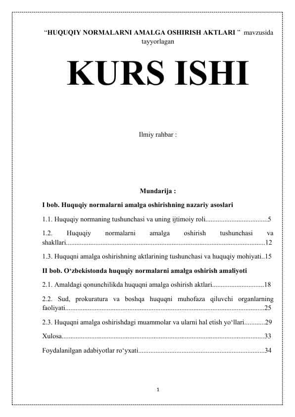 “HUQUQIY NORMALARNI AMALGA OSHIRISH AKTLARI ” mavzusida tayyorlagan KURS ISHI