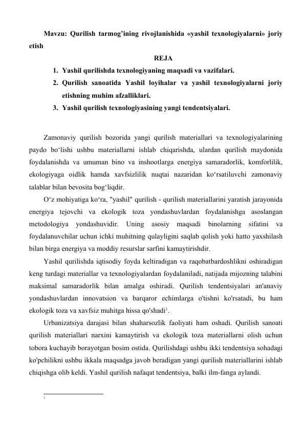 Qurilish tarmog’ining rivojlanishida «yashil texnologiyalarni» joriy etish