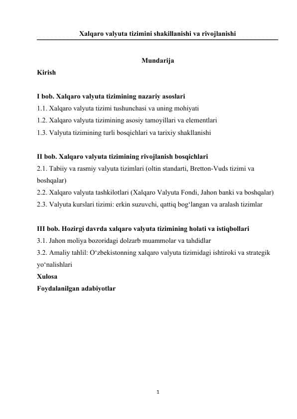 Xalqaro valyuta tizimini shakillanishi va rivojlanishi
