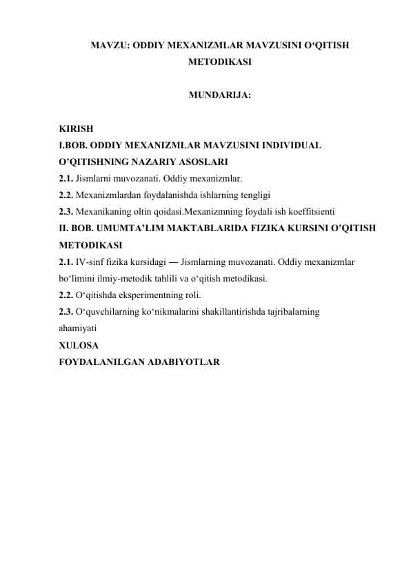 ODDIY MEXANIZMLAR MAVZUSINI OʻQITISH METODIKASI