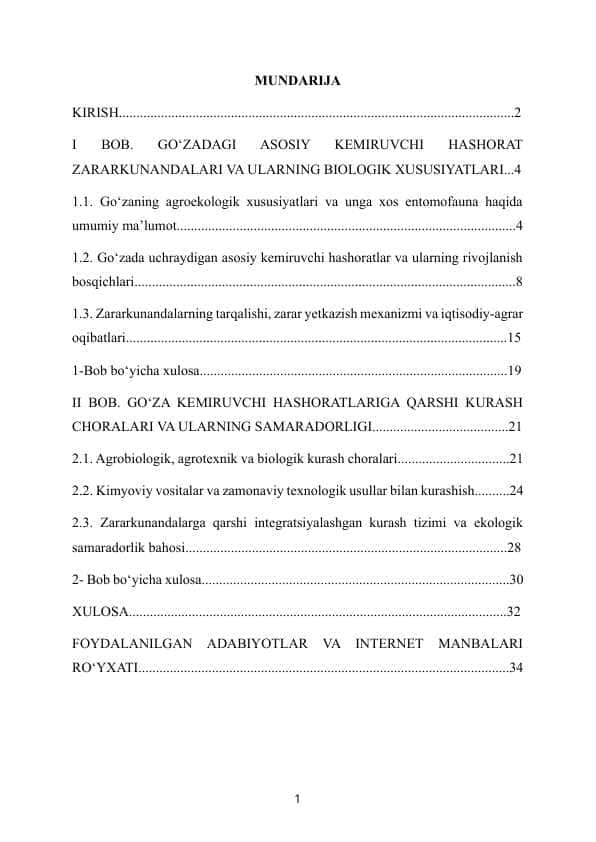 Go‘zaning asosiy kemiruvchi zararkunandalari va ularga qarshi kurash choralari kurs ishi