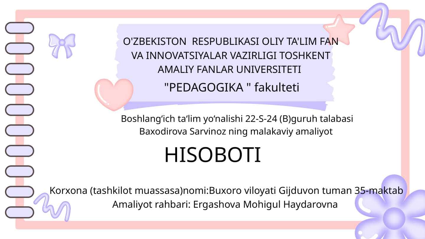 Boshlang'ich sinflarda pedagogik malakaviy amaliyot taqdimoti