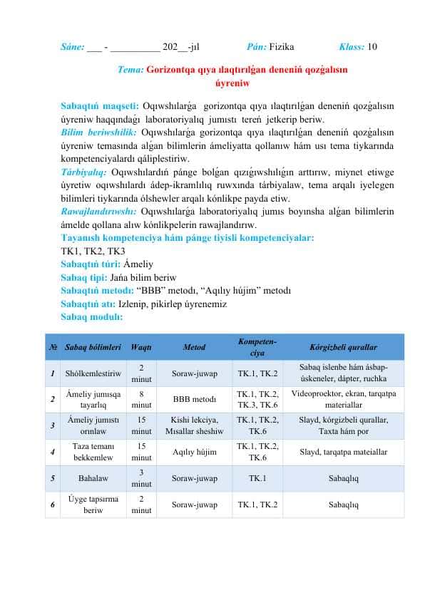 Gorizontqa qıya ılaqtırılǵan deneniń qozǵalısın úyreniw