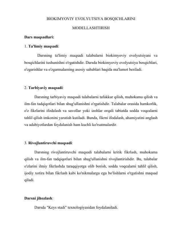BIOKIMYOVIY EVOLYUTSIYA BOSQICHLARINI MODELLASHTIRISH