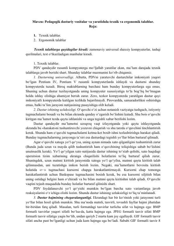 Pedagogik dasturiy vositalar va yaratishda texnik va ergonomik talablar