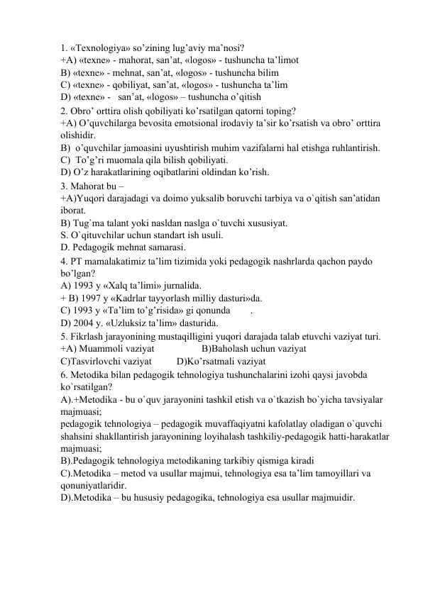 Pedagogik Texnalogiya fanidan 400 ta test savol javoblari bilan