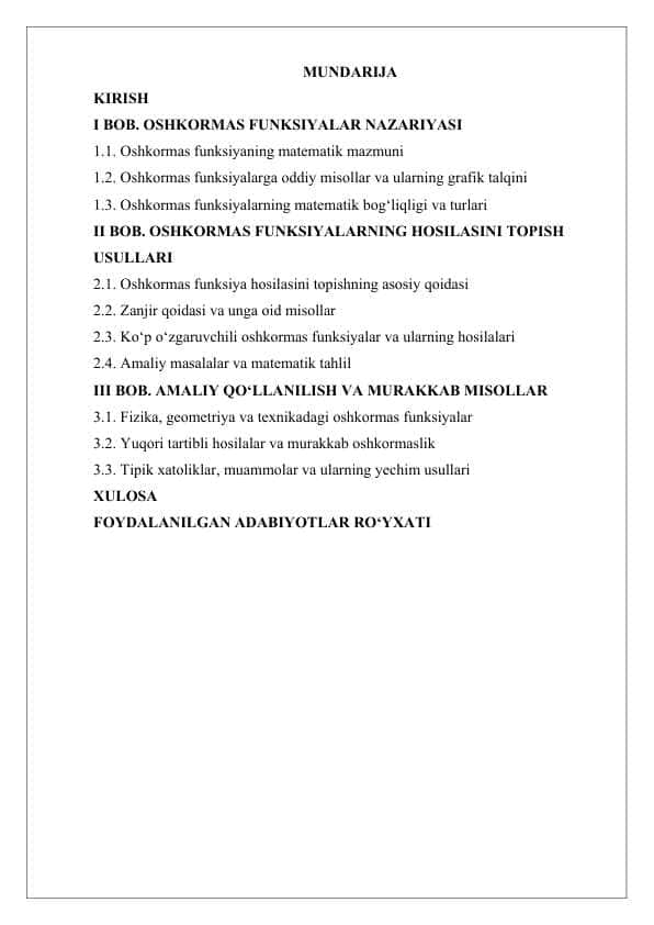 Oshkormas funksiyalar va ularning hosilalari kurs ishi
