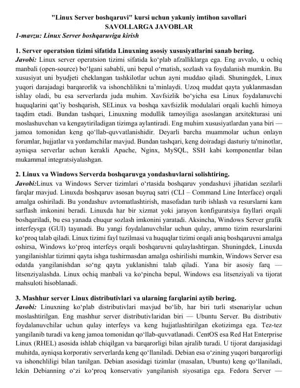 LINUX SERVER BOSHQARUVI YAKUNIY SAVOLLARIGA JAVOBLAR
