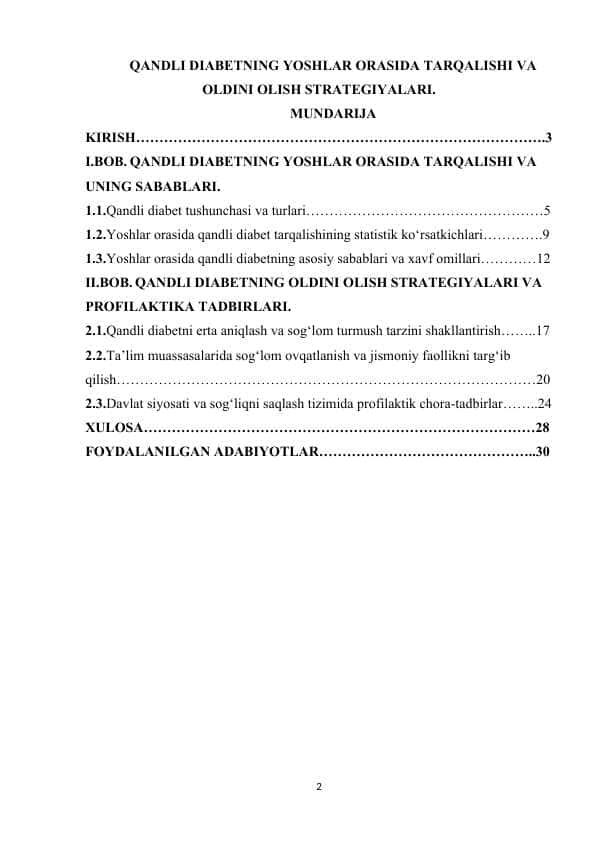QANDLI DIABETNING YOSHLAR ORASIDA TARQALISHI VA OLDINI OLISH STRATEGIYALARI.