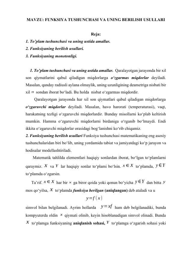 FUNKSIYA TUSHUNCHASI VA UNING BERILISH USULLARI
