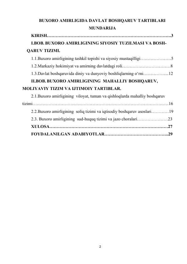 BUXORO AMIRLIGIDA DAVLAT BOSHQARUV TARTIBLARI