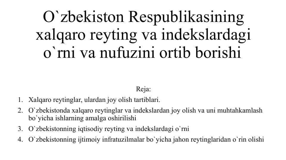 O'zbekiston respublikasining xalqaro reytingi va edeksatsiyadagi roli