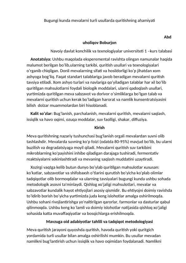 Bugungi kunda mevalarni quritishdagi ahamiyati.