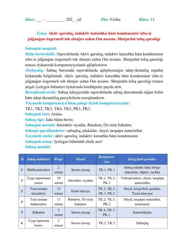 Aktiv qarsılıq, induktiv katushka hám kondensator izbe-iz jalǵanǵan ózgermeli tok shınjırı ushın Om nızamı. Shınjırdıń tolıq qarsılıǵı
