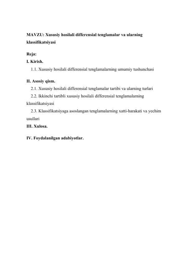 Xususiy hosilali differensial tenglamalar va ularning klassifikatsiyasi.doc KURS ISHI.doc