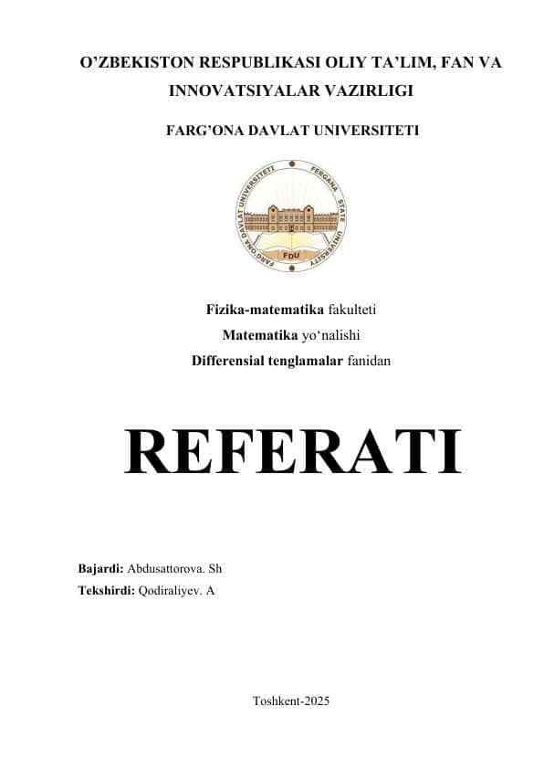 Matritsa koʻrinishidagi chiziqli tenglamalar sistemasi. Koshi integral formulasi. Eksponensial matritsa. Matritsali differensial tenglamalarni integrallash.