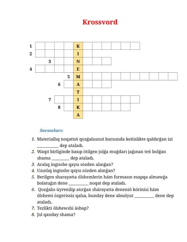 Tuwrı sızıqlı teń ólshewli qozǵalısta tezlik hám jol