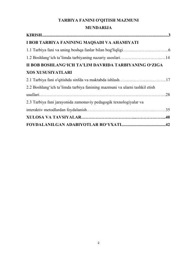 TARBIYA FANINI O'QITISH MAZMUNI