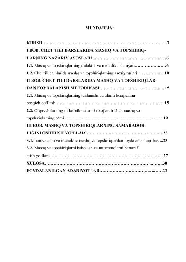 CHET TILI DARSLARIDA MASHQ VA TOPSHIRIQLAR