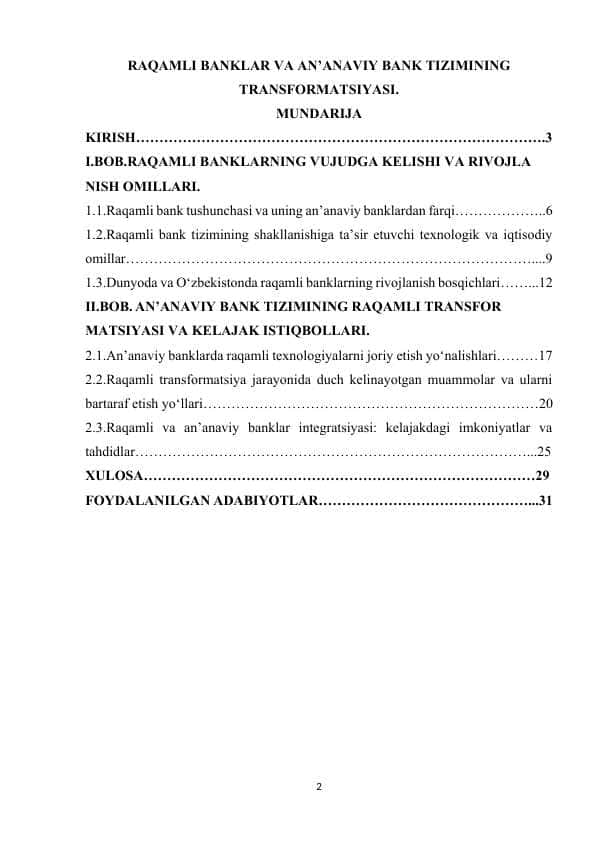 RAQAMLI BANKLAR VA AN’ANAVIY BANK TIZIMINING TRANSFORMATSIYASI.