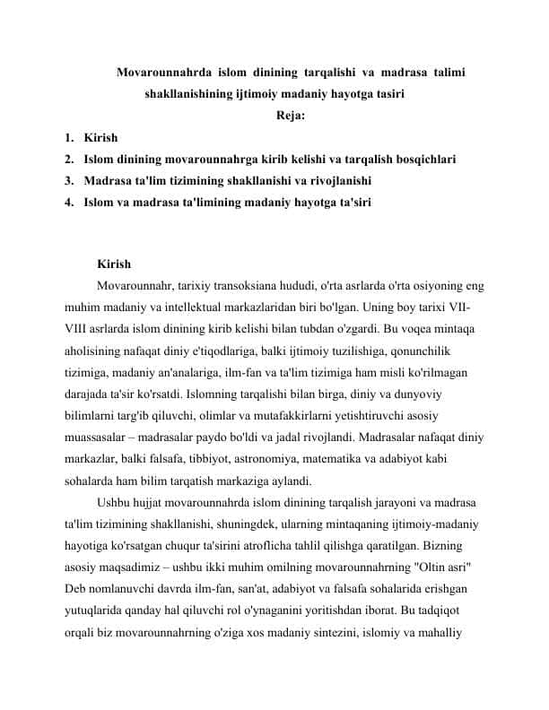 Movarounnahrda islom dinining tarqalishi va madrasa talimi shakllanishining ijtimoiy madaniy hayotga tasiri