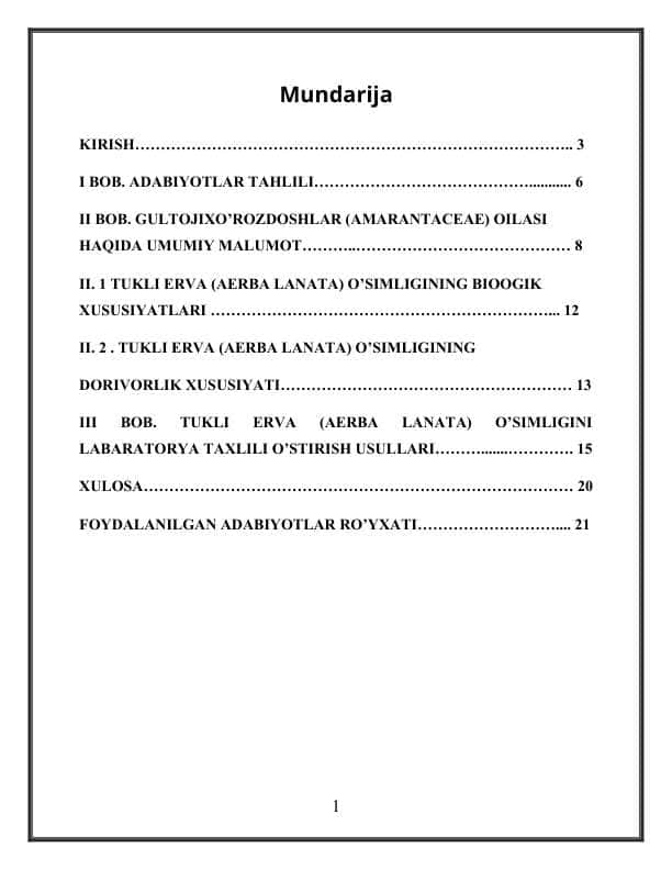 Tukli erva (Эрва шерсистая Пол пола) Aerba lanata L. Juss o’simligi urug’larining labaratorya tahlili