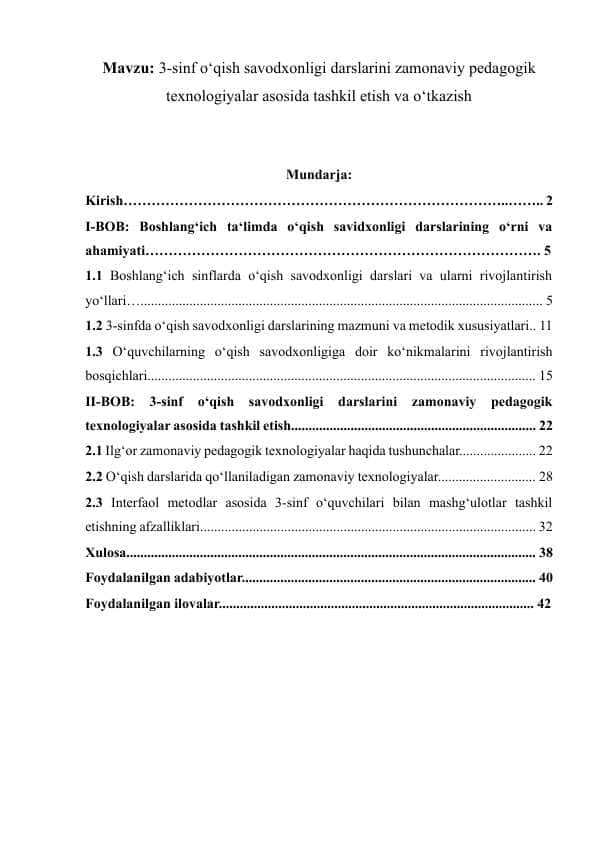 3-sinf o‘qish savodxonligi darslarini zamonaviy pedagogik texnologiyalar asosida tashkil etish va o‘tkazish