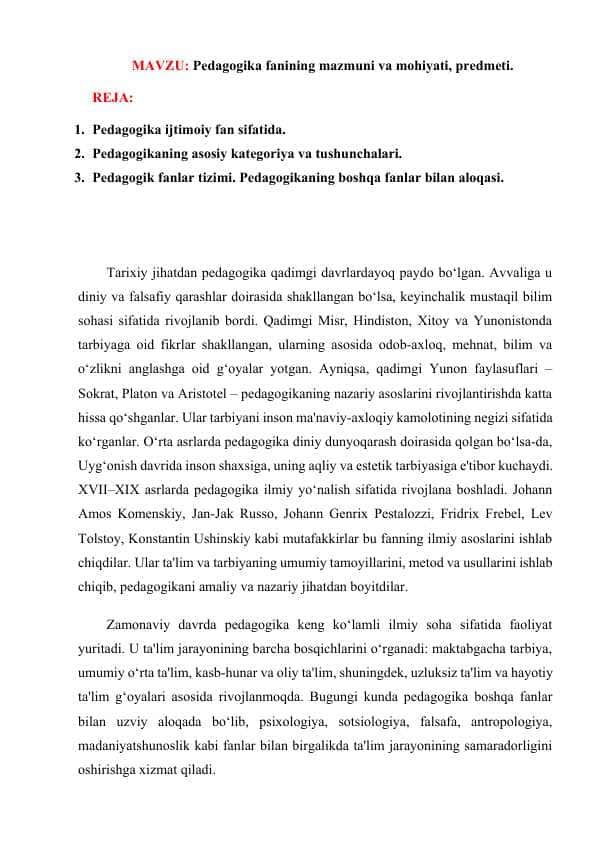 Pedagogika fanining mazmuni va mohiyati, predmeti
