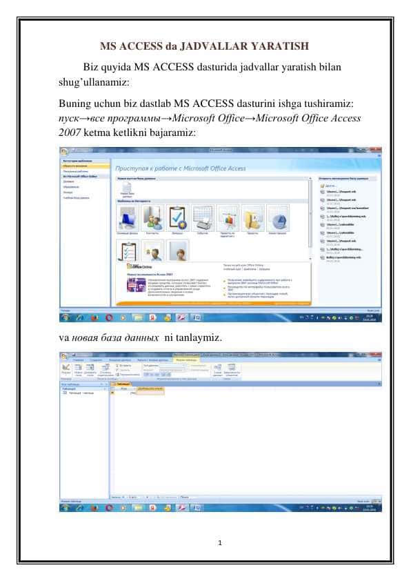 MS ACCESS da JADVALLAR YARATISH