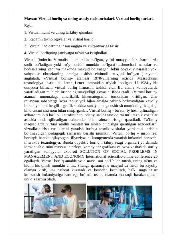 Virtual borliq va uning asosiy tushunchalari. Vertual borliq turlari.