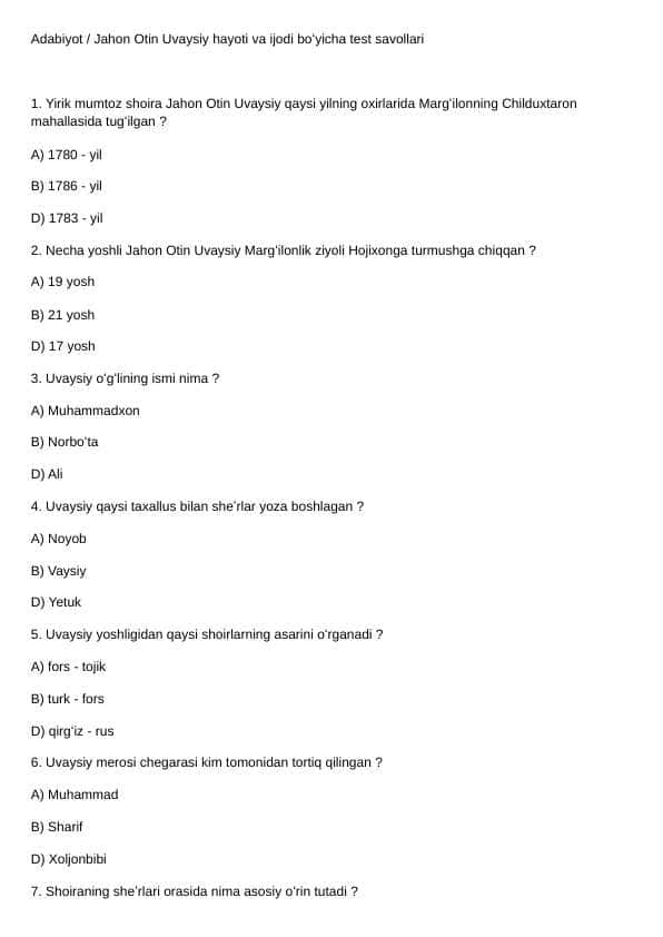 Adabiyot / Jahon Otin Uvaysiy hayoti va ijodi boʻyicha tayyorlangan / test savollari