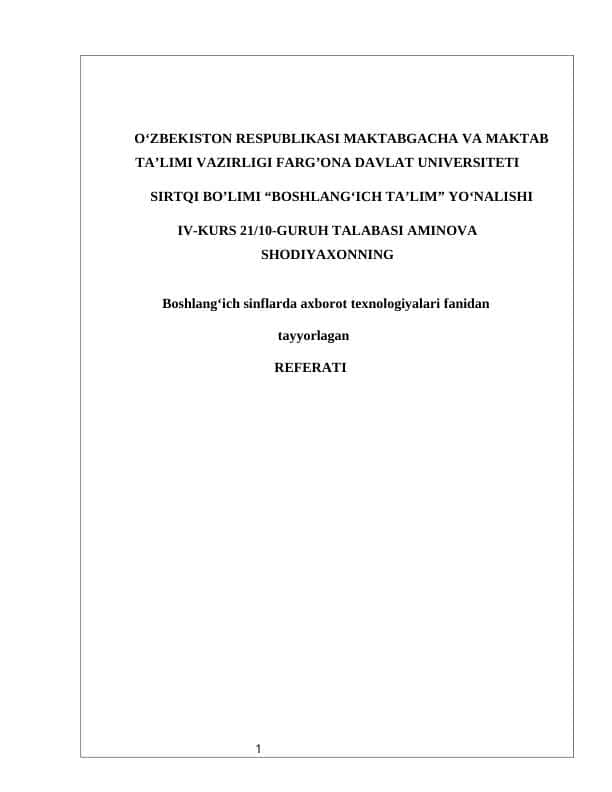 Boshlang’ich sinf o’qituvchilarini me’yoriy hujjatlarini tayyorlashda Word dasturidan foydalanish.
