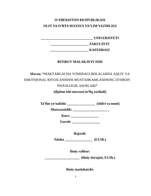 MAKTABGACHA YOSHDAGI BOLALARDA AQLIY VA EMOTSIONAL RIVOJLANISHNI MUSTAHKAMLASHNING IJTIMOIY PSIXOLOGIK ASOSLARI