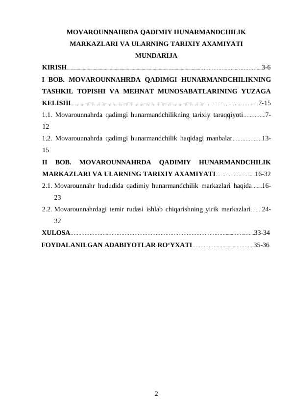 Movorunnahda qadimiy hunarmandchilk markazlari va ularning tarixiy axamiyati