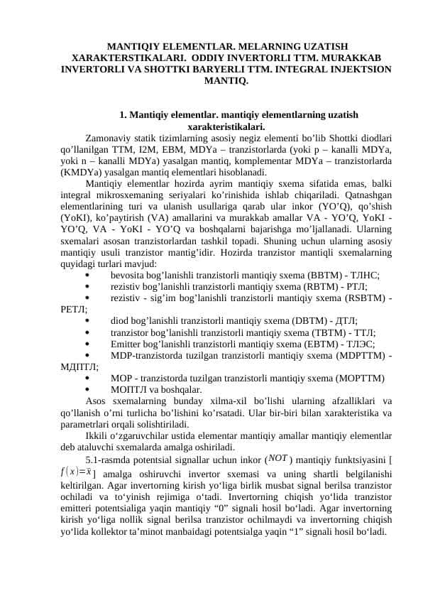 MANTIQIY ELEMENTLAR. MELARNING UZATISH XARAKTERSTIKALARI. ODDIY INVERTORLI TTM. MURAKKAB INVERTORLI VA SHOTTKI BARYERLI TTM. INTEGRAL INJEKTSION MANTIQ.